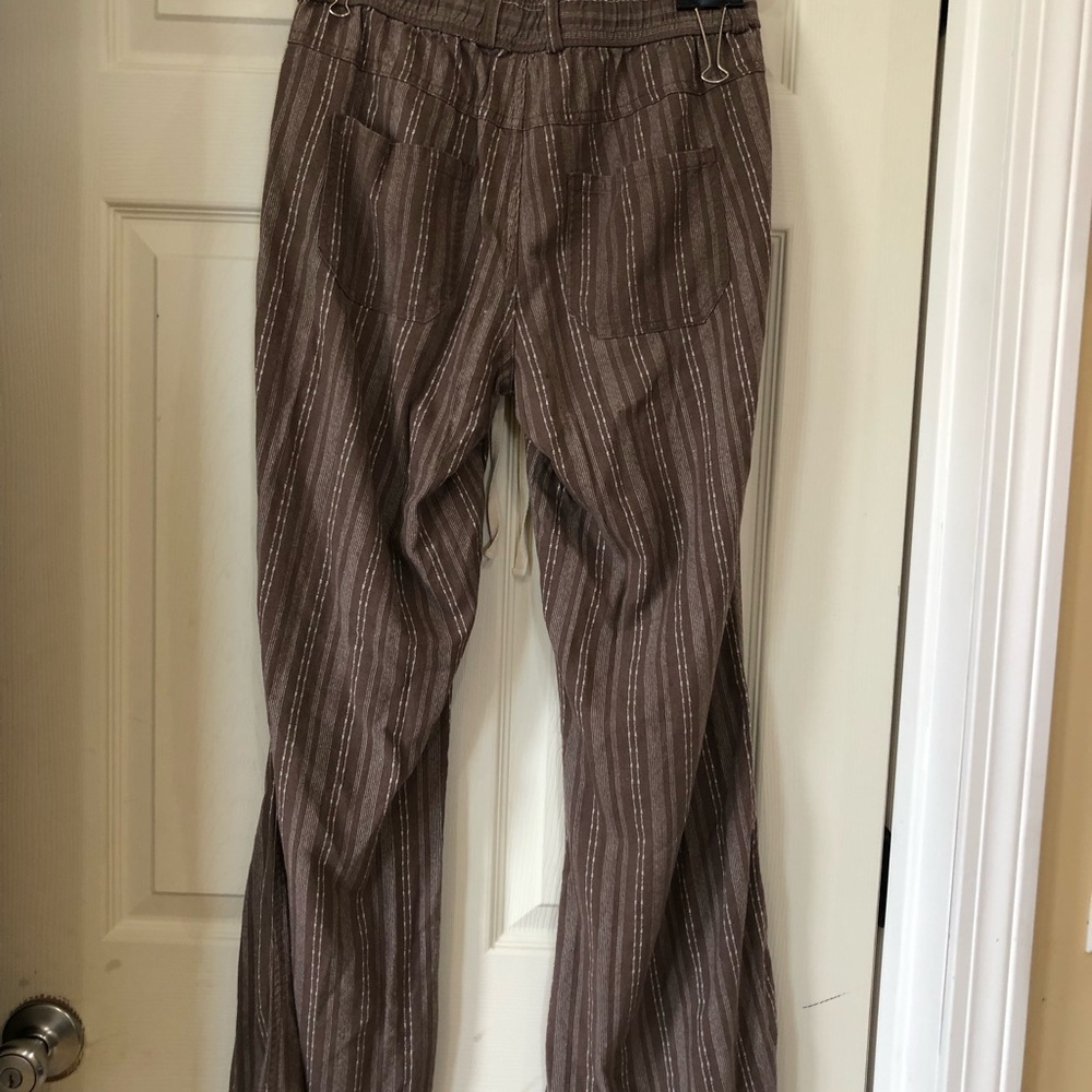 Rewash Wide-Leg Drawstring Pants Linen Blend Small Brown Striped Beach Casual - Picture 7 of 12